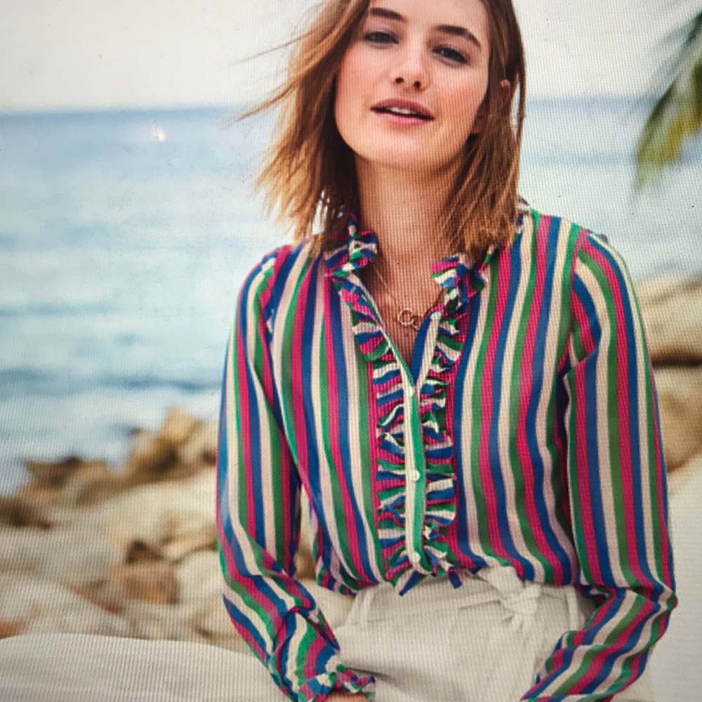 Boden Womens Crepe Striped Blouse with Ruffles